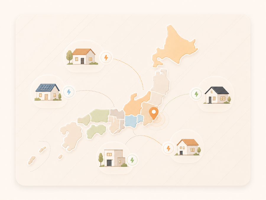 日本地図と各地の住宅・電力をあらわしたイラスト